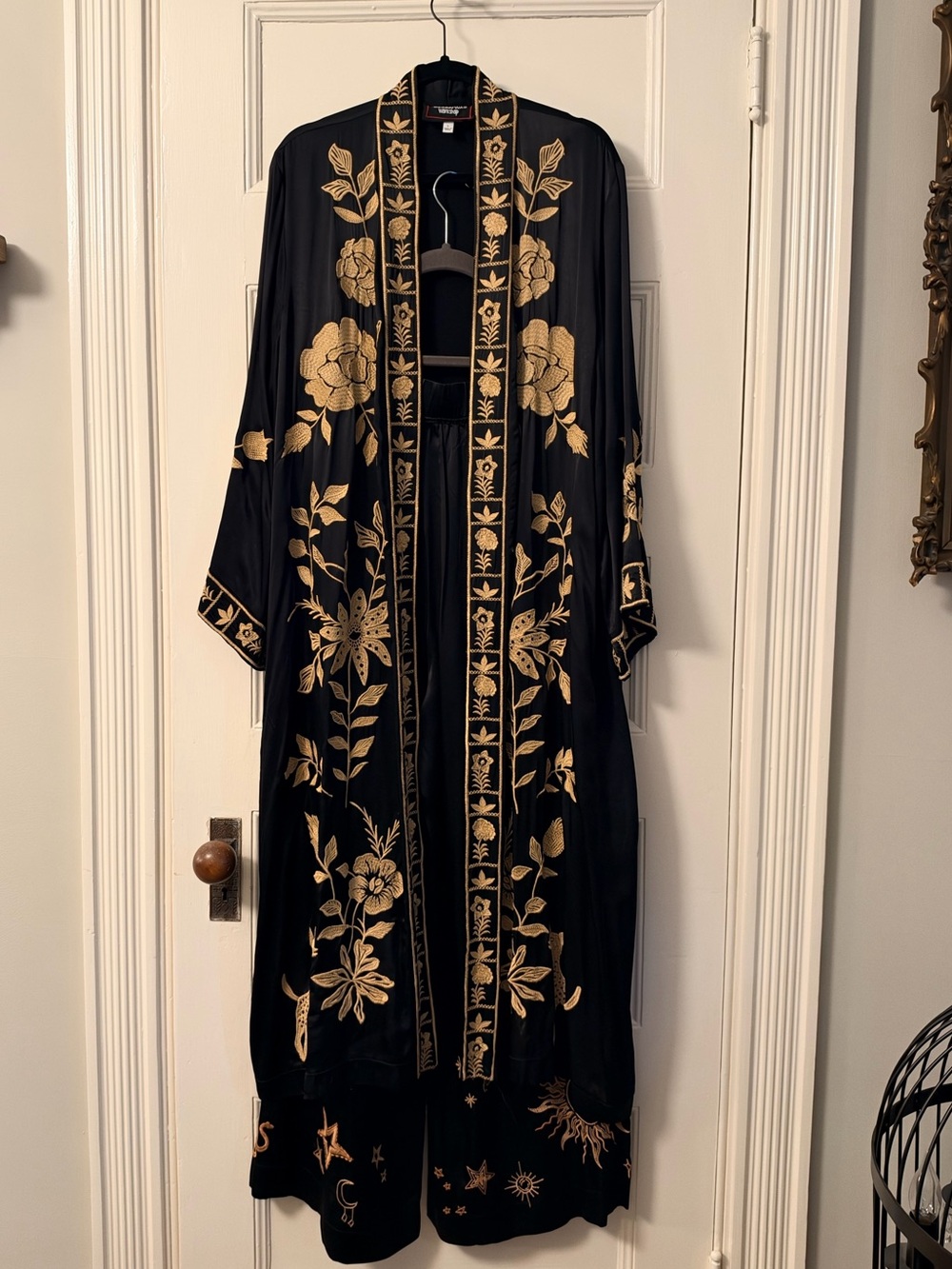 Johnny Was Embroidered Black & Gold Long Kimono and pants SET. NWOT
